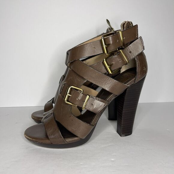 POUR LA VICTOIRE Women’s Strappy Sandal Heels 6.5M Brown Leather Made in Brazil - Picture 3 of 11